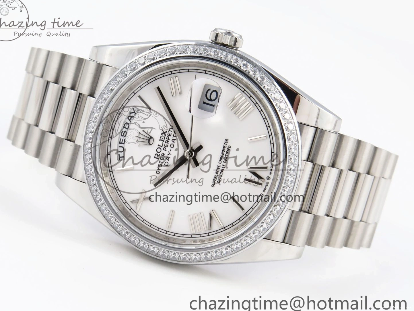 Good Copy Rolex Watches GSF Dial Bezel White Sustainable A 1920 40 SS Roman on Weight DayDate Diamonds Bracelet Gain President 1227